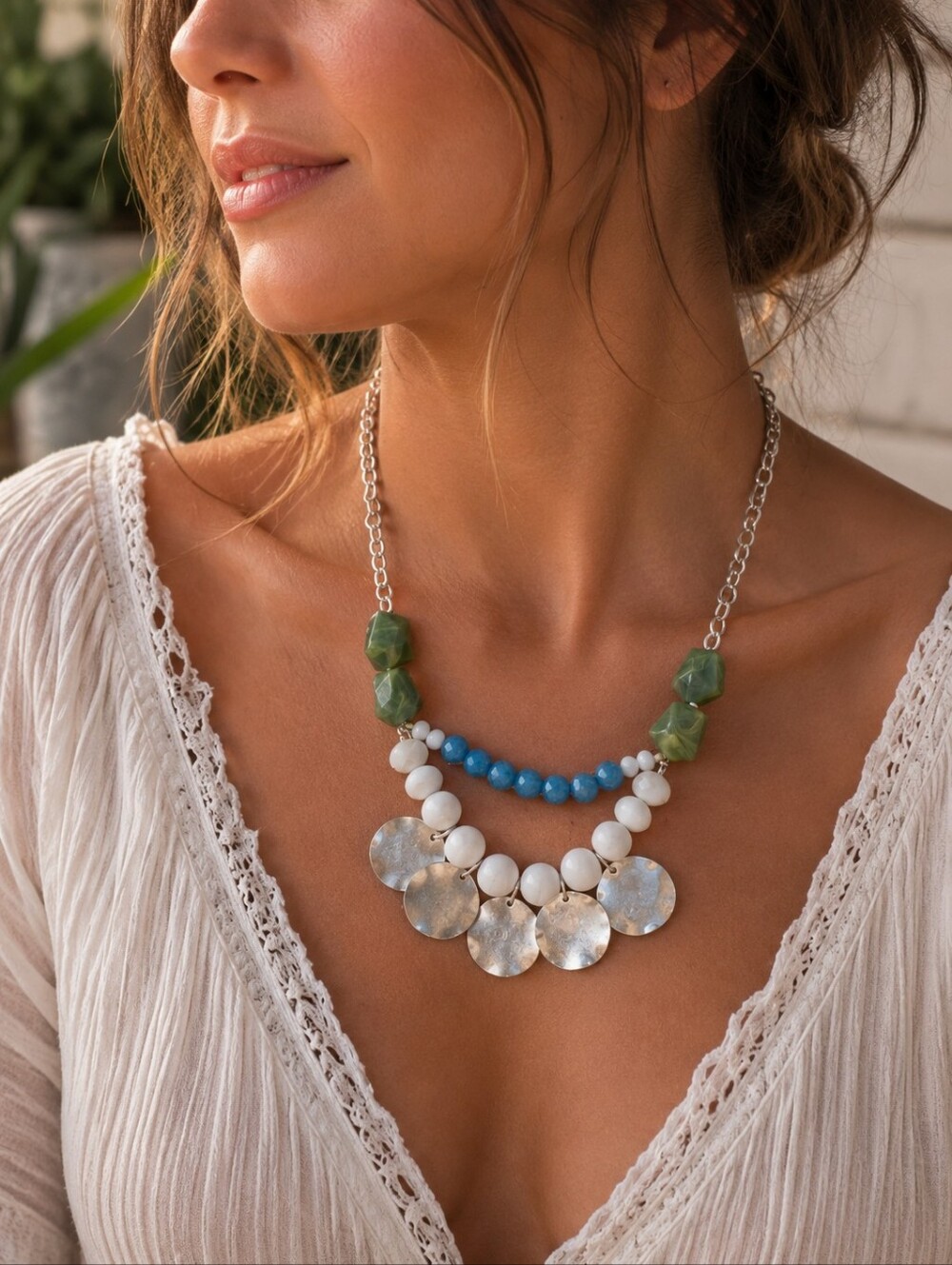 Loft Statement Necklace w/ Extender Costume Jewelry Lucite Faceted Beads Metal